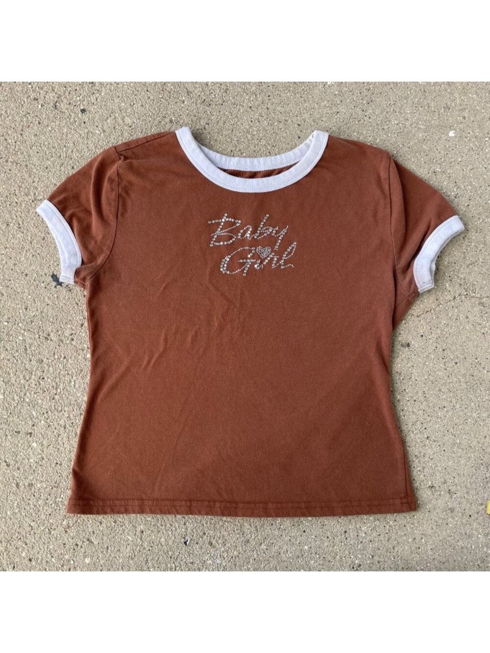 Vintage 90s Baby Girl Rhinestone Brown T Shirt Top M Mallcore Glam Coquette